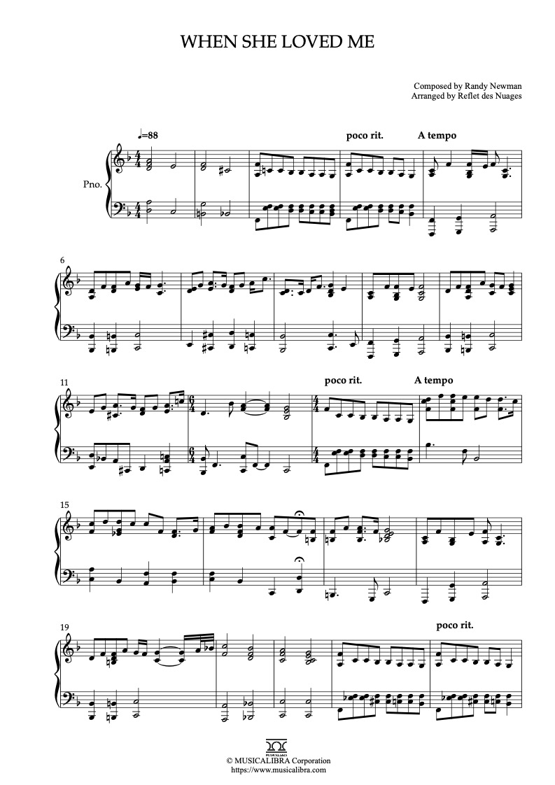Partitura de Toy Story 2 When She Loved Me arreglada para piano solo