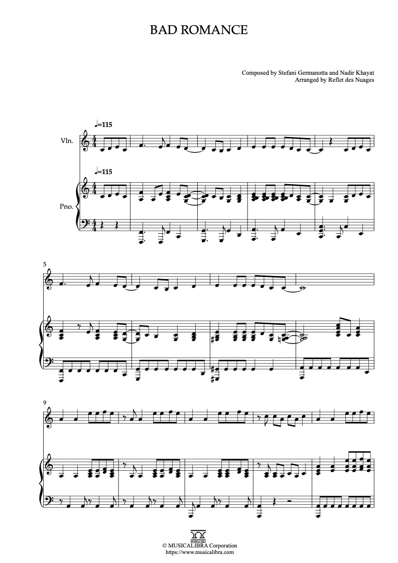 Sheet music of Lady Gaga Bad Romance arranged for violin and piano duet chamber ensemble preview page 1