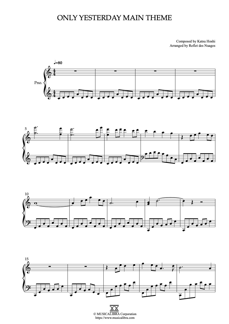 Partitura de Only Yesterday Main Theme arreglada para piano solo