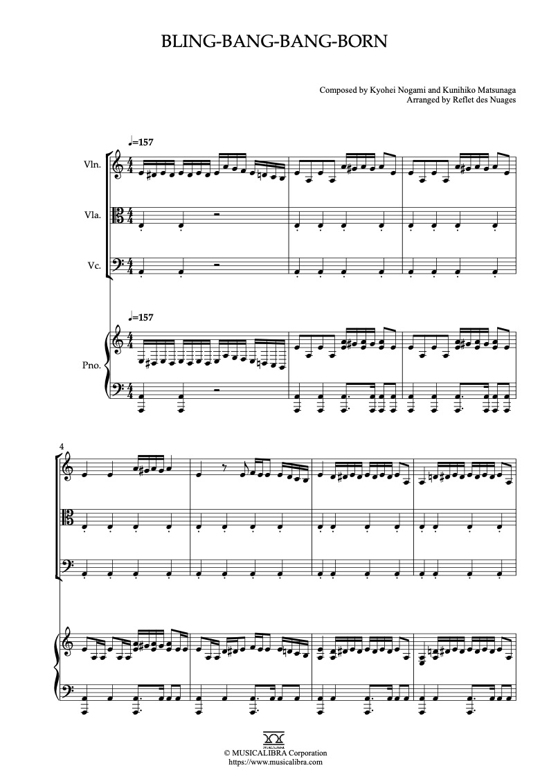 Sheet music of Mashle: Magic and Muscles Bling-Bang-Bang-Born arranged for violin, viola, cello and piano quartet chamber ensemble preview page 1