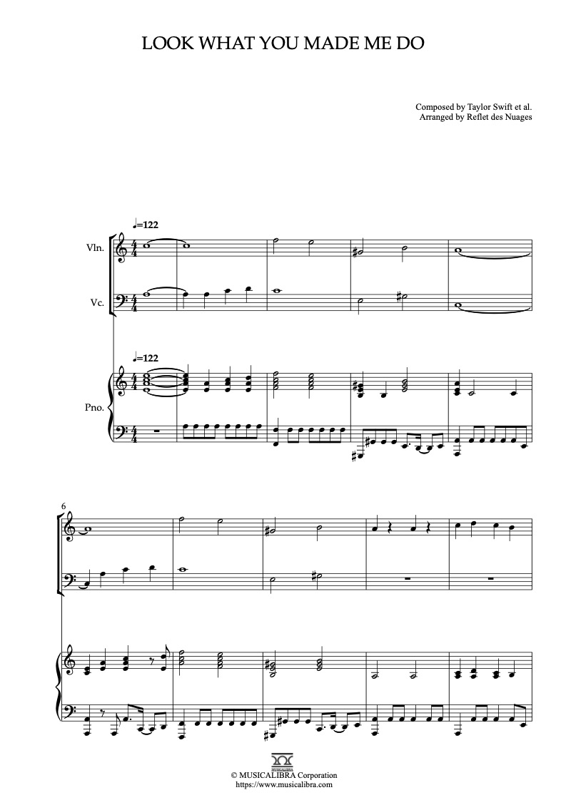 Partitura de Taylor Swift Look What You Made Me Do arreglada para trío de violín, violonchelo y piano