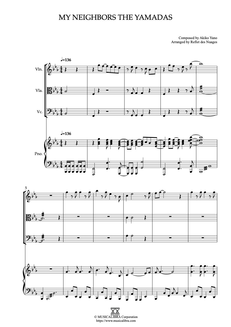 Partitura de My Neighbors the Yamadas arreglada para cuarteto de violín, viola, violonchelo y piano