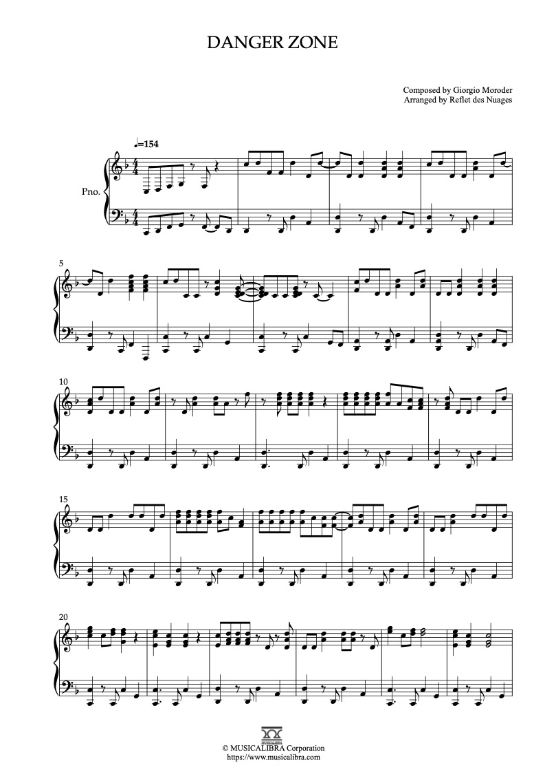 Partitura de Danger Zone arreglada para piano solo