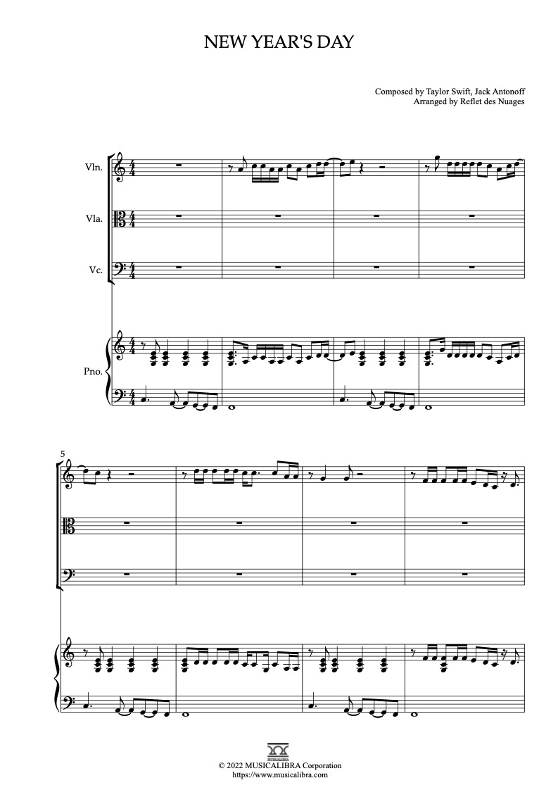 Sheet music of Taylor Swift New Year's Day arranged for violin, viola, cello and piano quartet chamber ensemble preview page 1