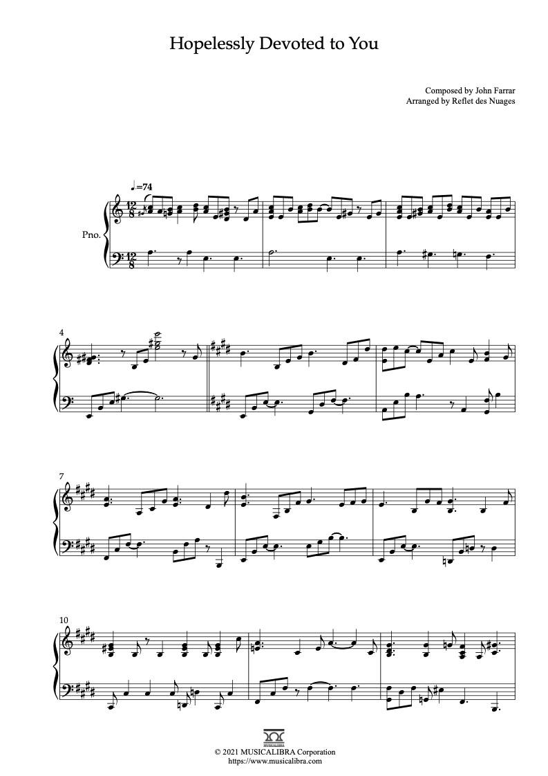 Sheet music of Olivia Newton-John Hopelessly Devoted to You arranged for piano solo preview page 1