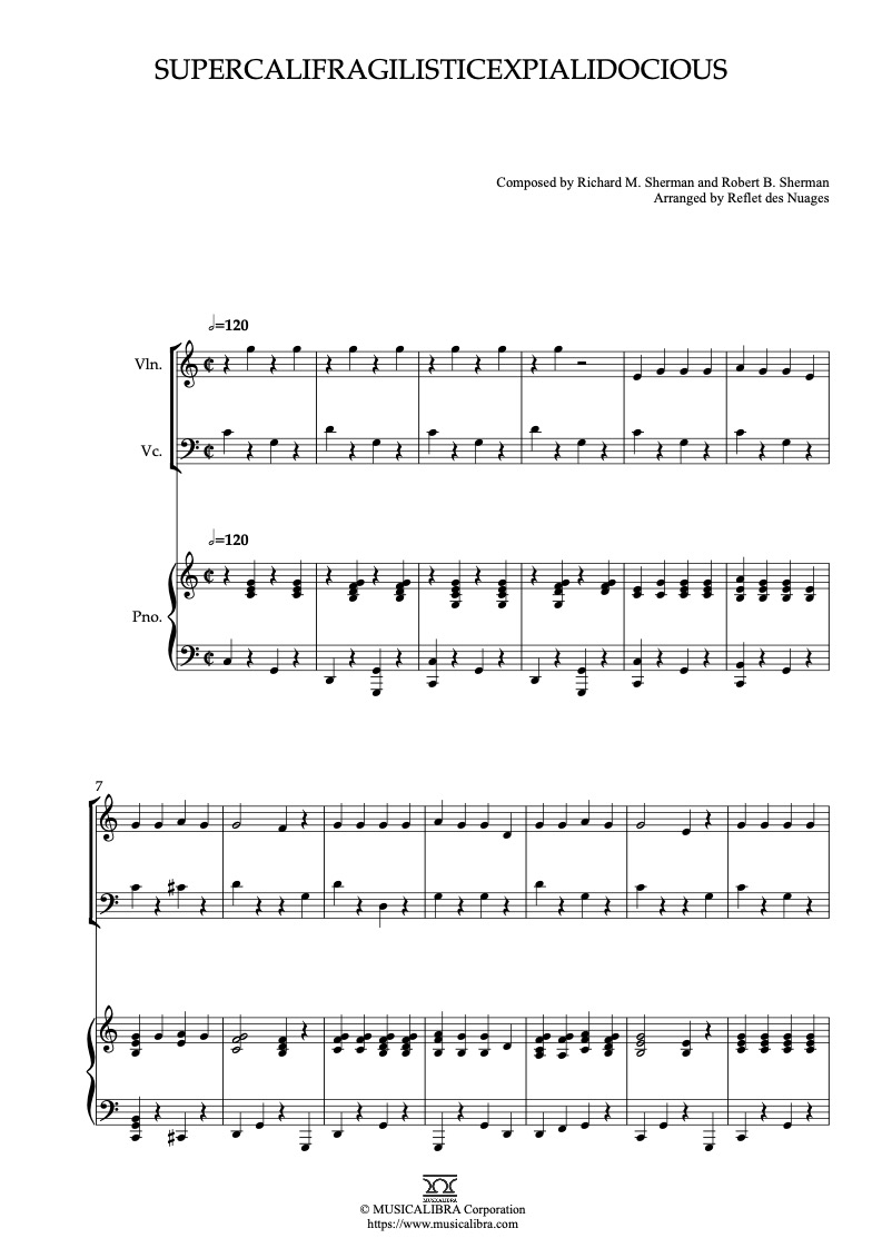 Partitura de Mary Poppins Supercalifragilisticexpialidocious arreglada para trío de violín, violonchelo y piano