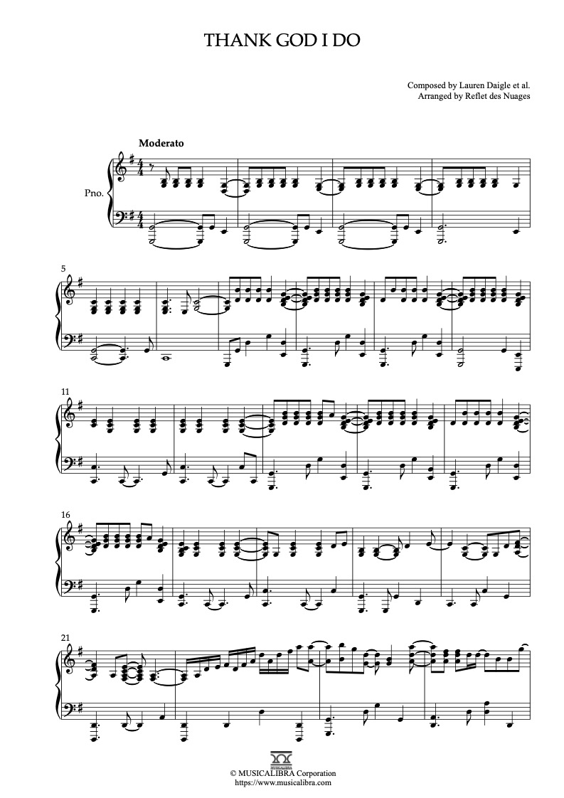 Partitura de Lauren Daigle Thank God I Do arreglada para piano solo
