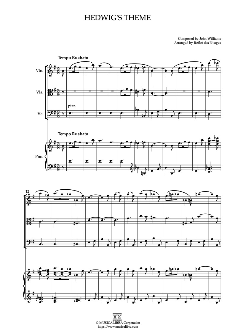 Hedwig's Theme 編曲楽譜 - ヴァイオリン、ビオラ、チェロ、ピアノ 室内楽 カルテット アンサンブル