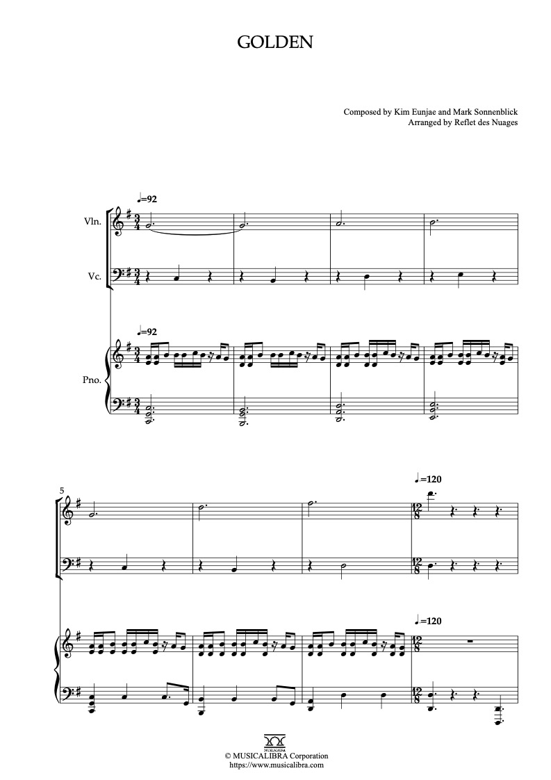 Sheet music of KPop Demon Hunters Golden arranged for violin, cello and piano trio chamber ensemble preview page 1