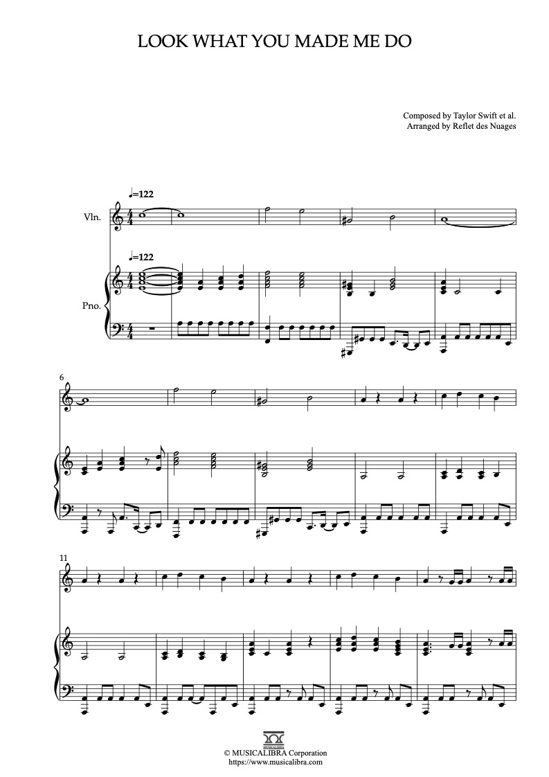 Sheet music of Taylor Swift Look What You Made Me Do arranged for violin and piano duet chamber ensemble preview page 1