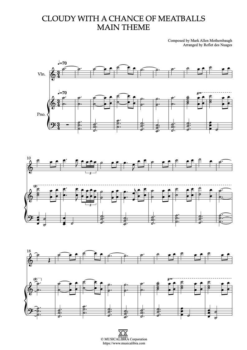 Partitura de Cloudy With a Chance of Meatballs Main Theme arreglada para dueto de violín y piano