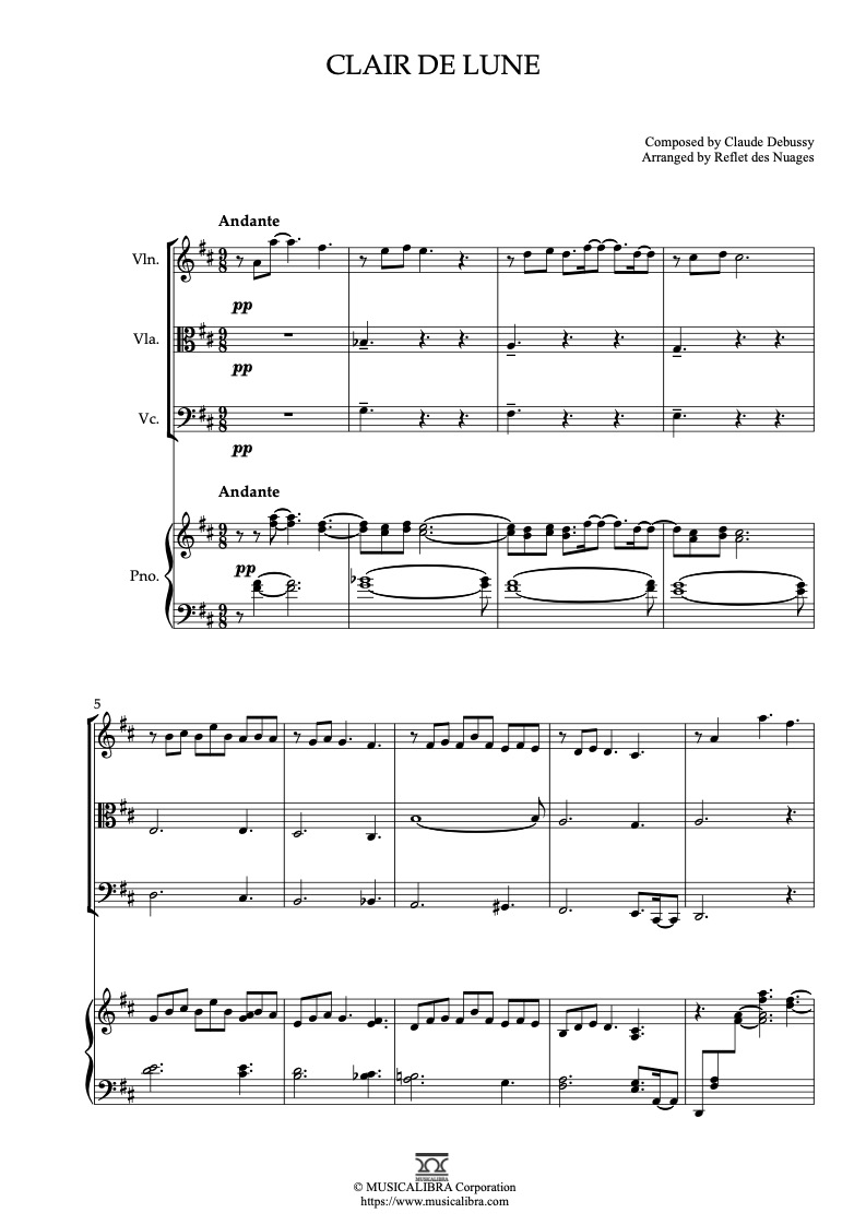 Debussy Clair de lune 四重奏 乐谱 - 小提琴, 中提琴, 大提琴, 钢琴