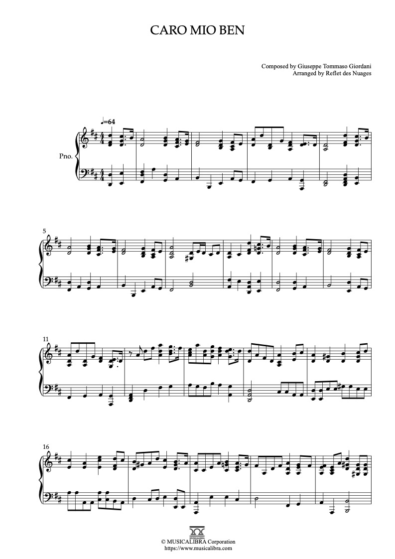 Partitura de Caro Mio Ben arreglada para piano solo