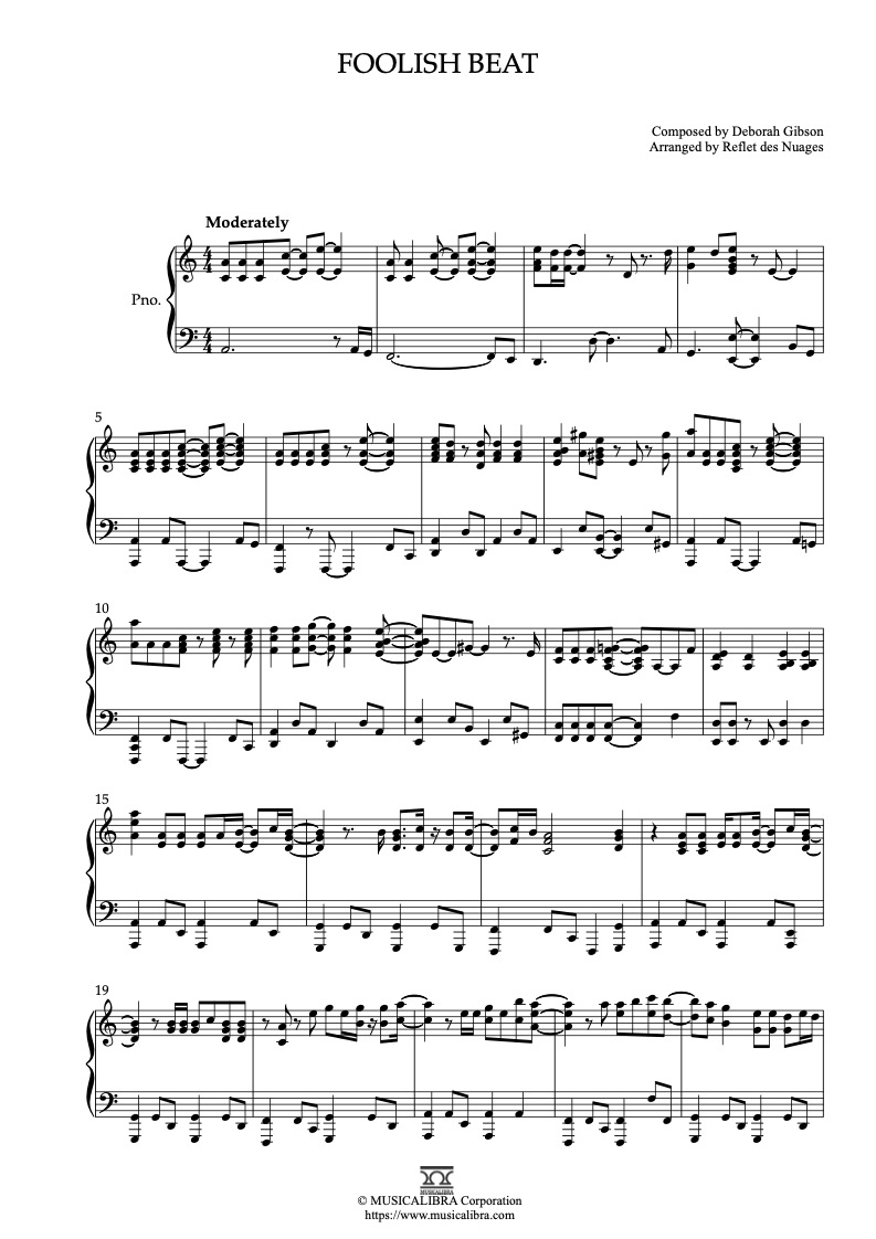 Sheet music of Debbie Gibson Foolish Beat arranged for piano solo preview page 1