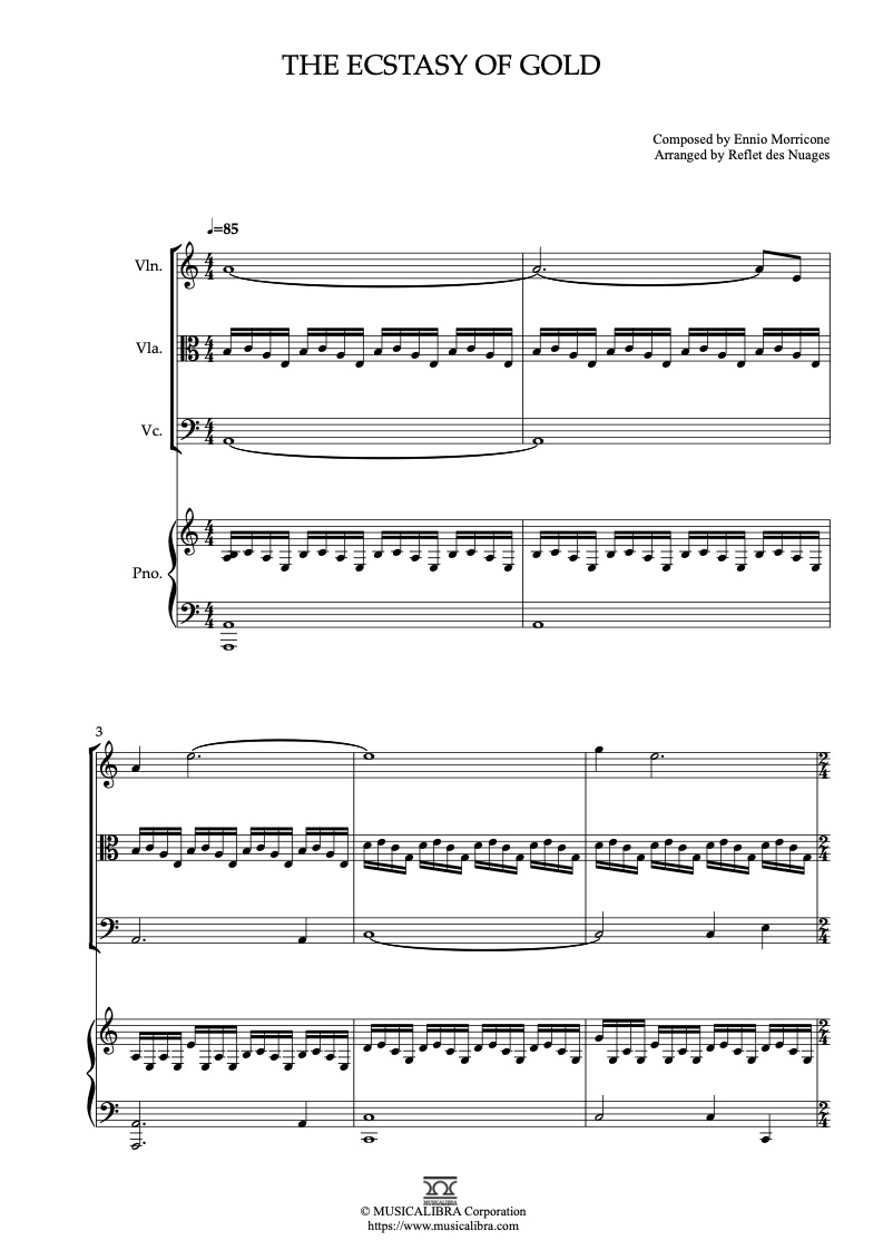 Partitura de The Good, the Bad and the Ugly The Ecstasy of Gold arreglada para cuarteto de violín, viola, violonchelo y piano
