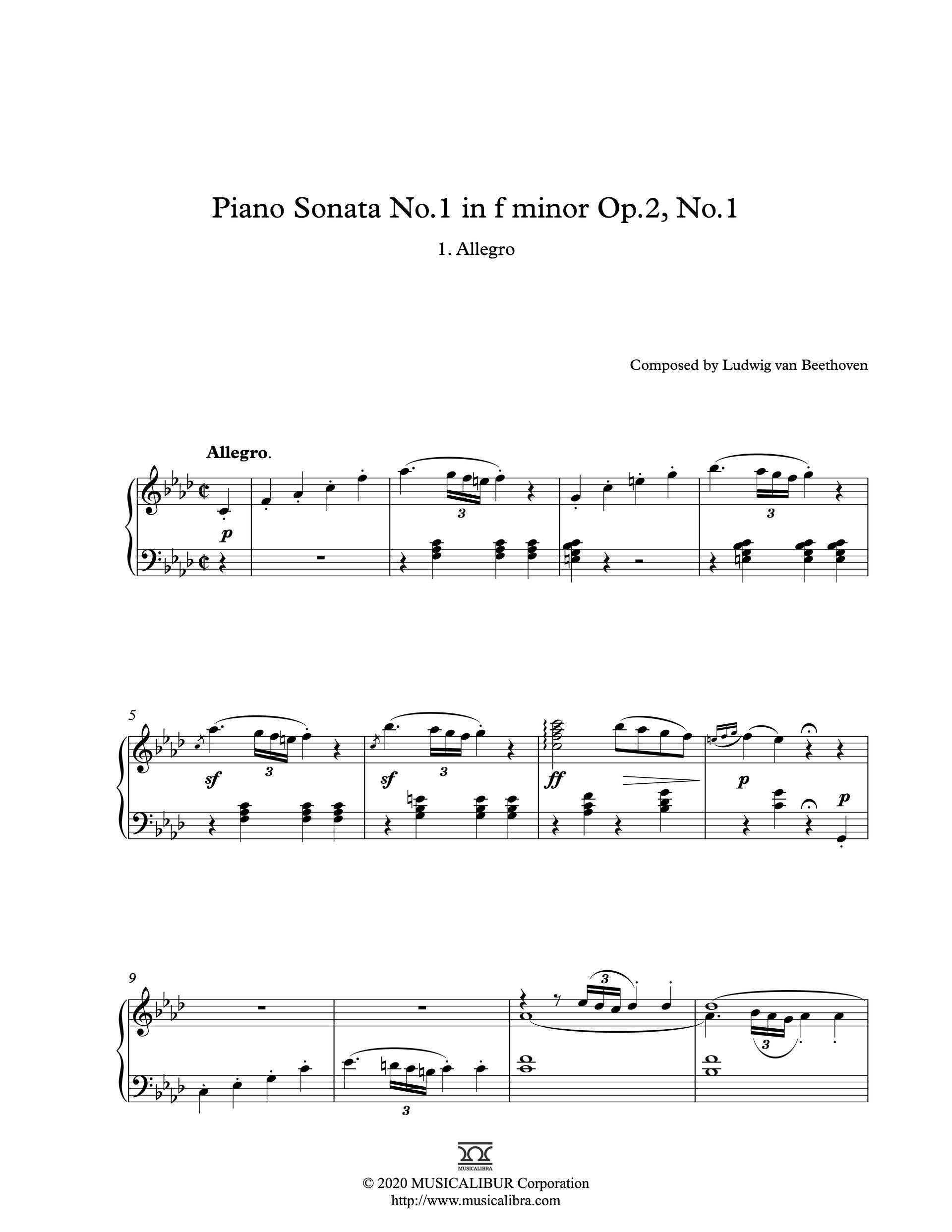 Newly notated sheet music of Ludwig van Beethoven's Piano Sonata Op. 2, No. 1 in f minor, 1st Movement, Allegro preview page 1