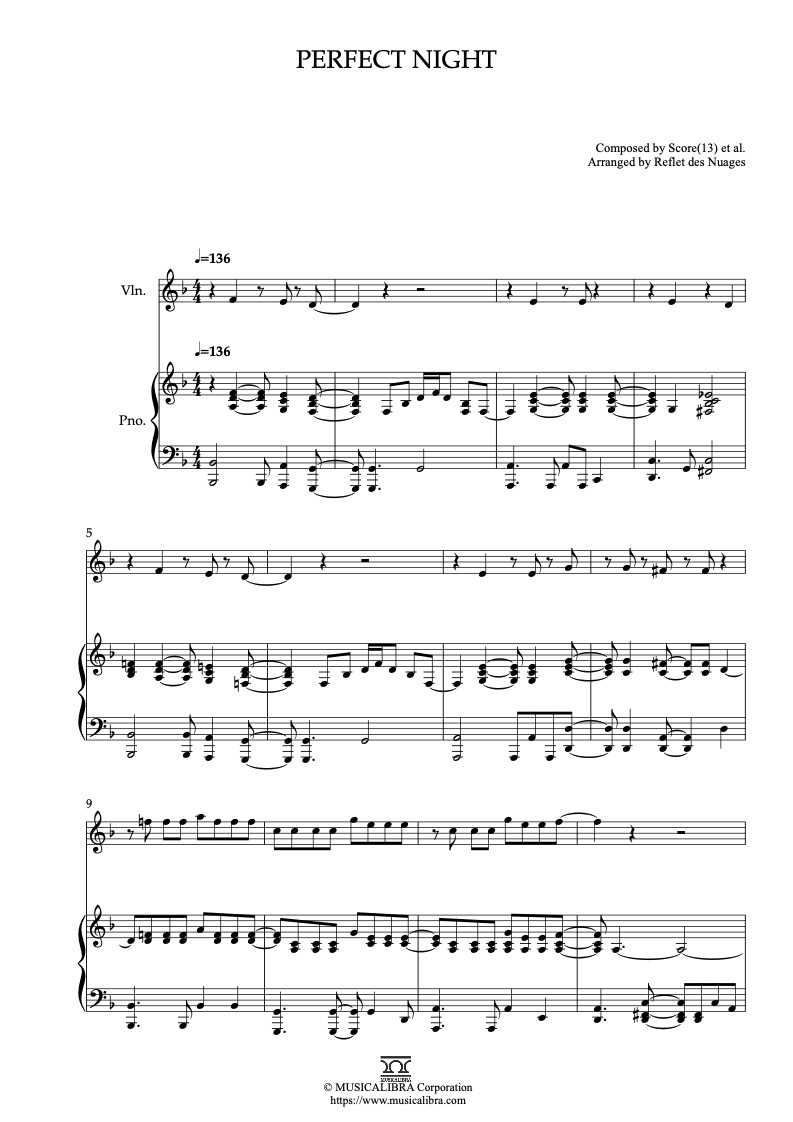 Sheet music of Le Sserafim Perfect Night arranged for violin and piano duet chamber ensemble preview page 1