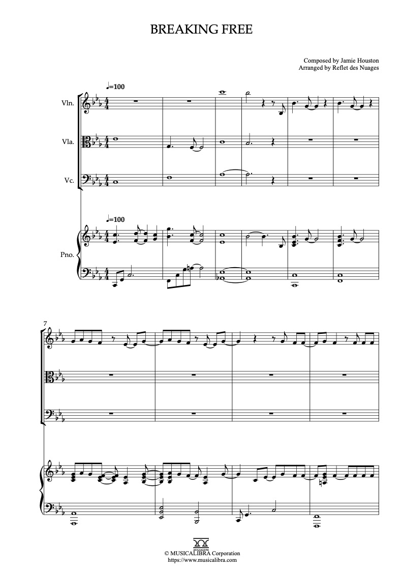 Sheet music of High School Musical Breaking Free arranged for violin, viola, cello and piano quartet chamber ensemble preview page 1