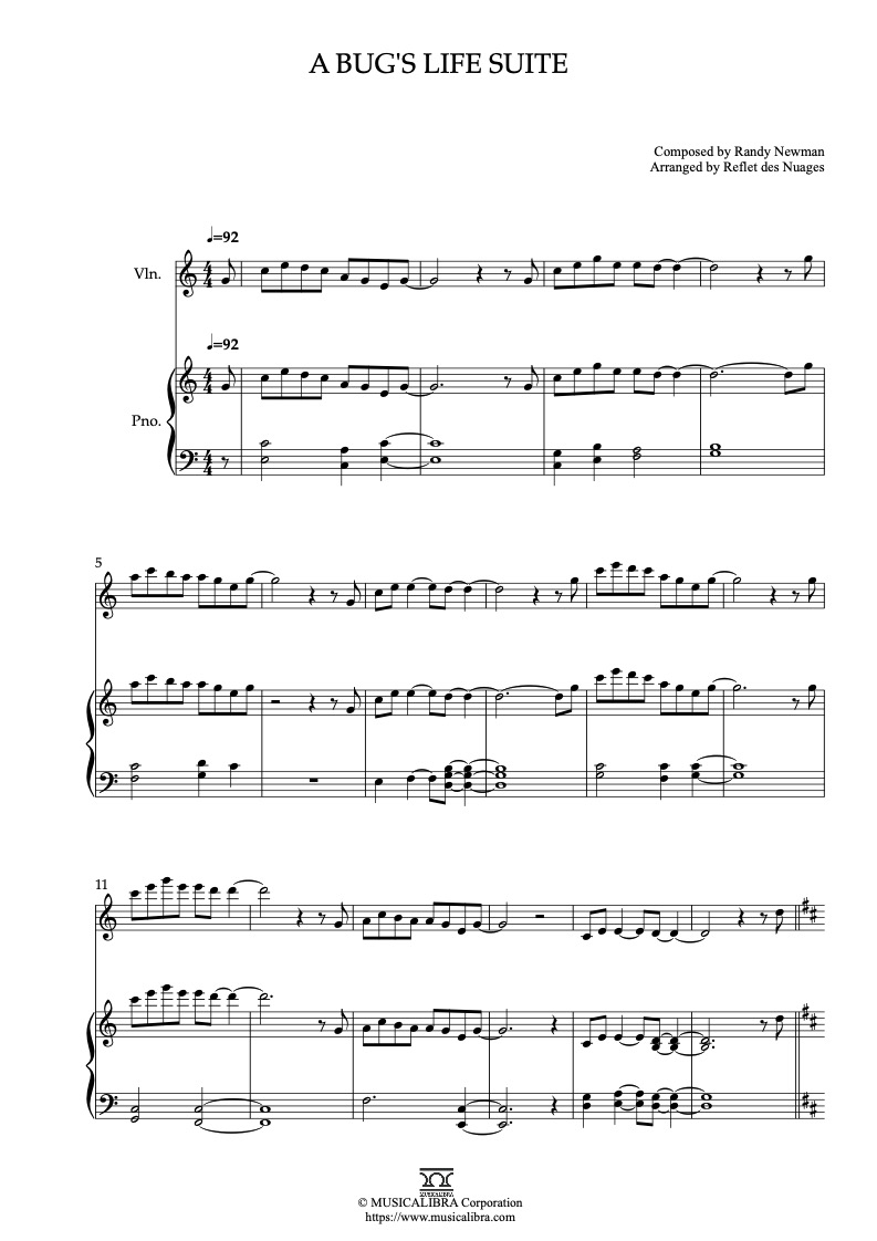 A Bug's Life Suite 二重奏 乐谱 - 小提琴, 钢琴