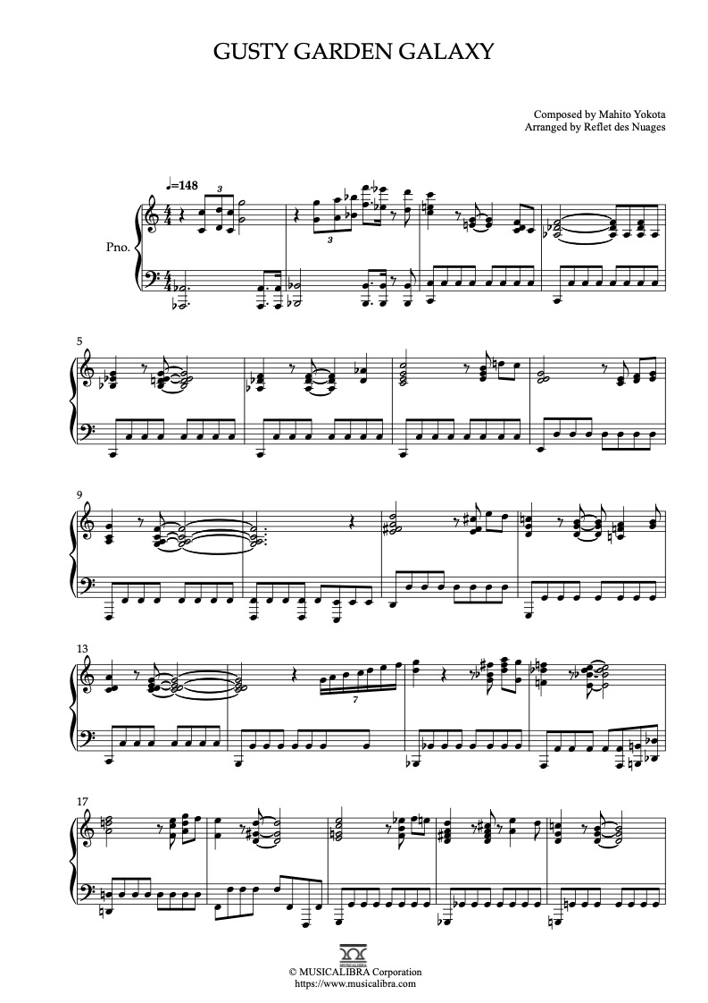 Partitura de Super Mario Galaxy Theme Gusty Garden Galaxy arreglada para piano solo