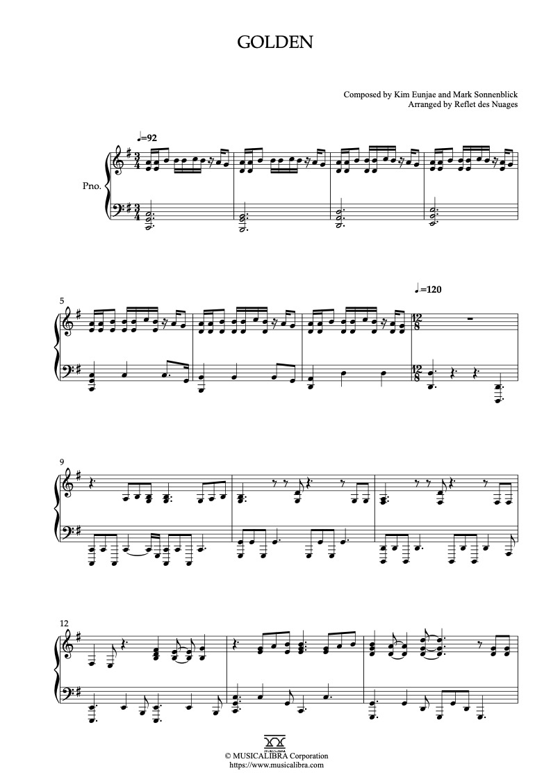 Partitura de KPop Demon Hunters Golden arreglada para piano solo