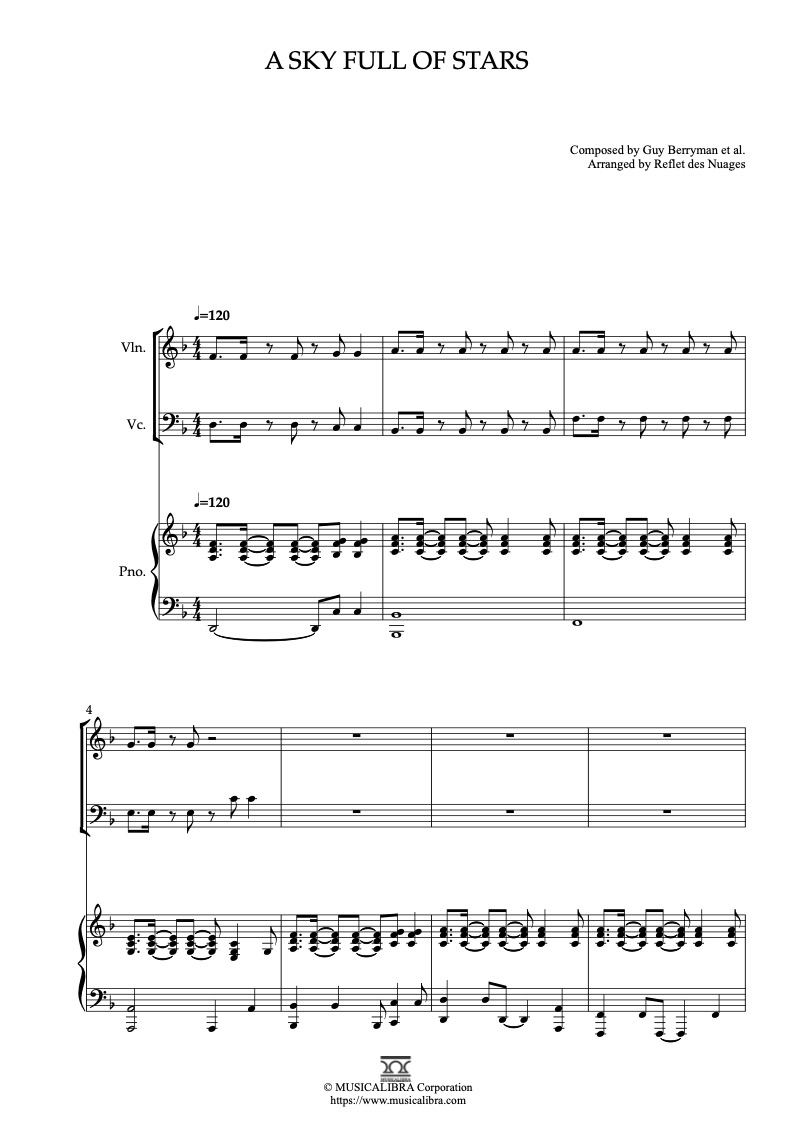 Coldplay A Sky Full of Stars 編曲楽譜 - ヴァイオリン、チェロ、ピアノトリオ