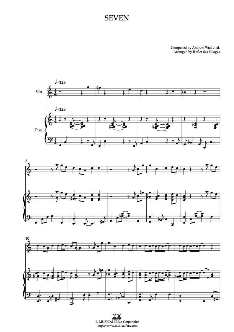 Sheet music of BTS Jung Kook Seven arranged for violin and piano duet chamber ensemble preview page 1