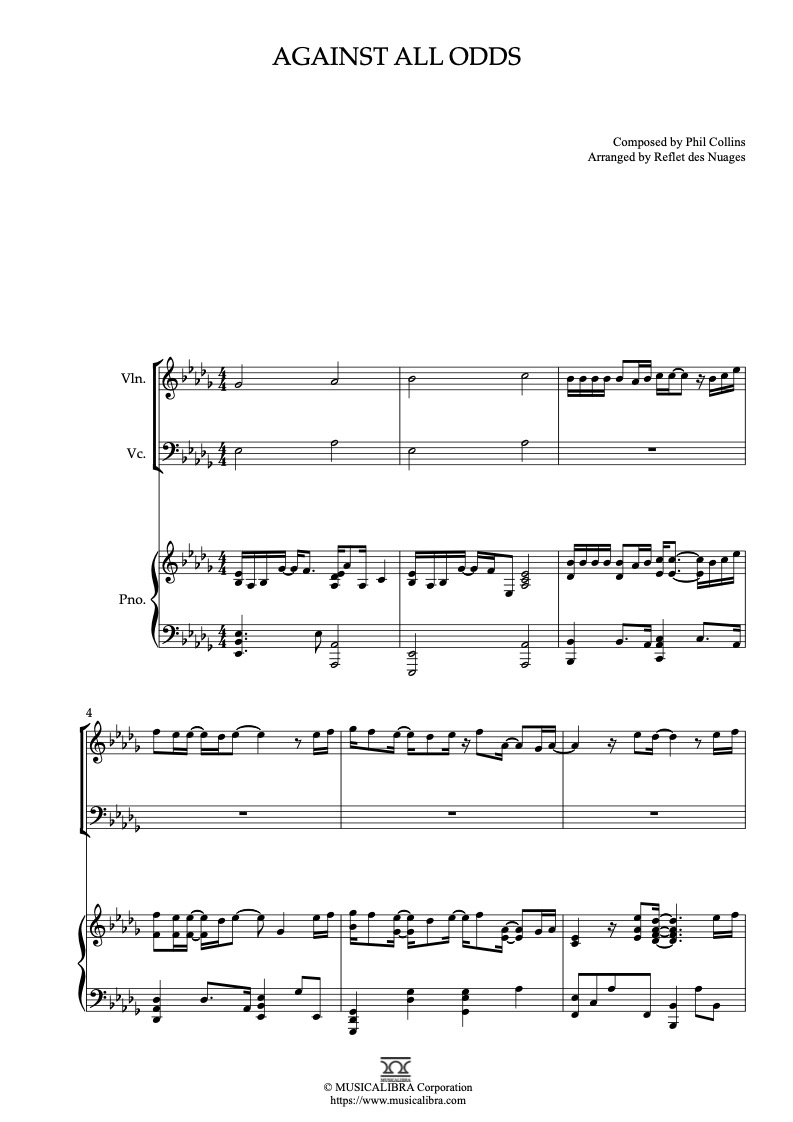 Phil Collins Against All Odds 三重奏 乐谱 - 小提琴, 大提琴, 钢琴