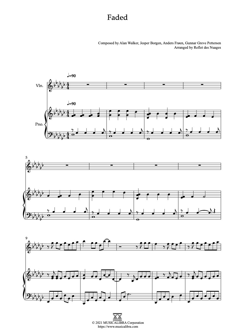 Sheet music of Alan Walker Faded arranged for violin and piano duet chamber ensemble preview page 1