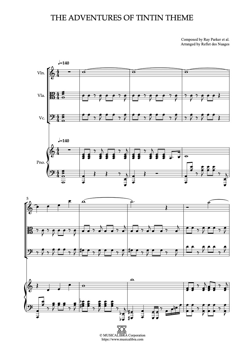 Partitura de The Adventures of Tintin Theme arreglada para cuarteto de violín, viola, violonchelo y piano