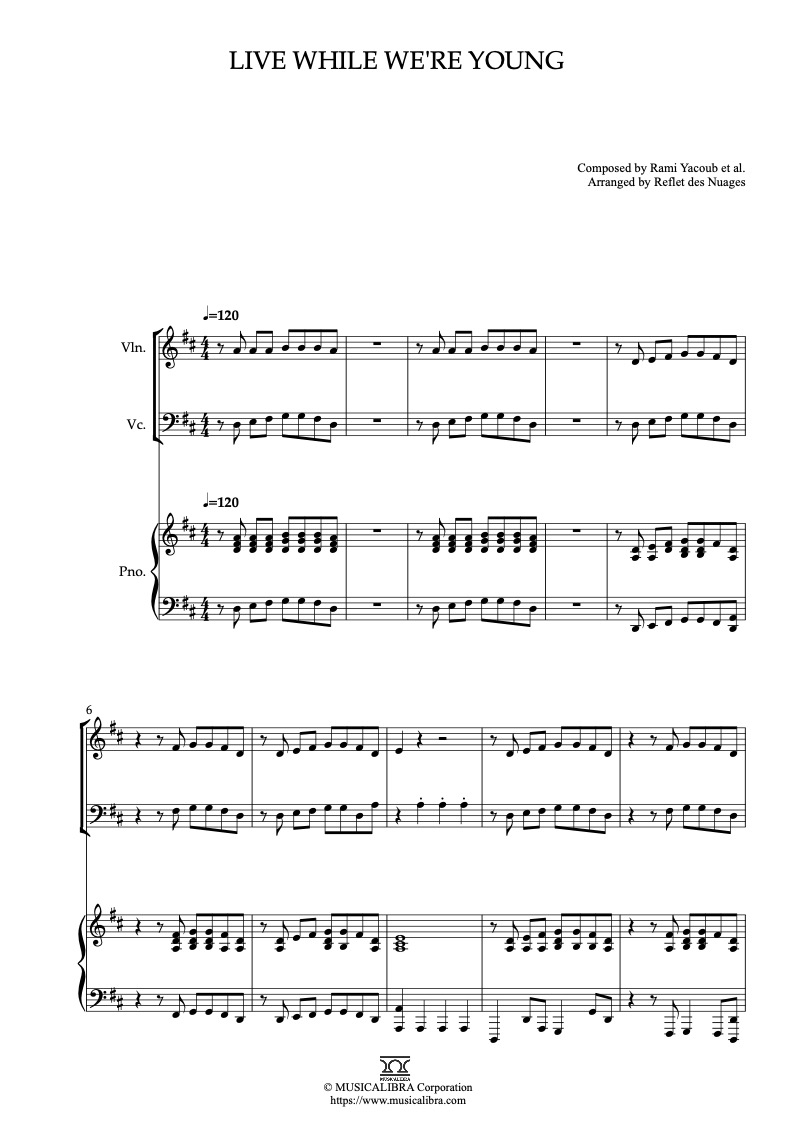 Sheet music of One Direction Live While We're Young arranged for violin, cello and piano trio chamber ensemble preview page 1