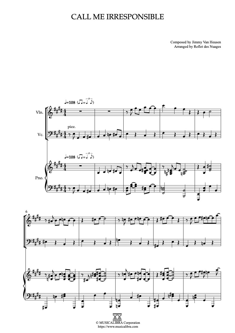 Partitura de Frank Sinatra Call Me Irresponsible arreglada para trío de violín, violonchelo y piano