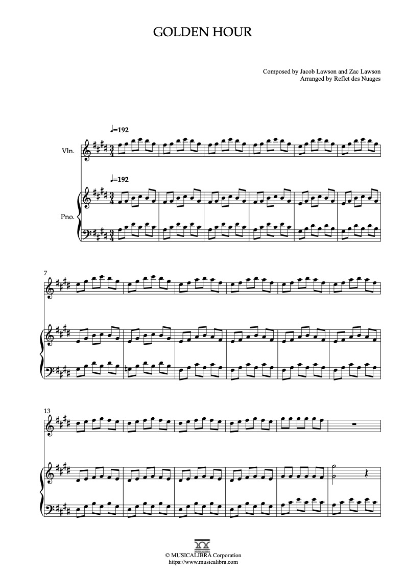 Partitura de JVKE golden hour arreglada para dueto de violín y piano