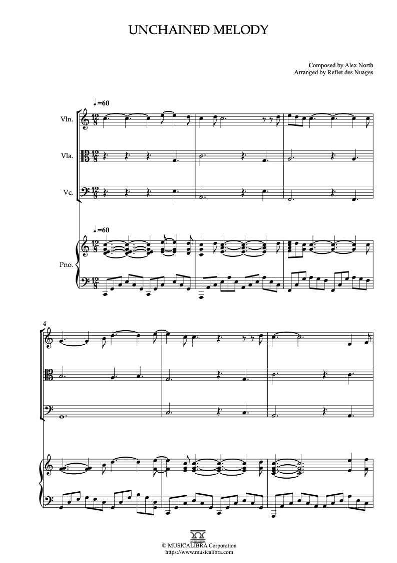 Partitura de The Righteous Brothers Unchained Melody arreglada para cuarteto de violín, viola, violonchelo y piano