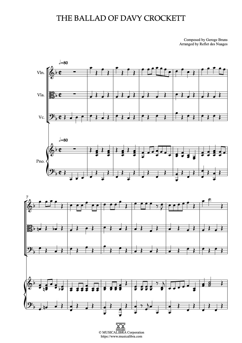 Partitura de The Ballad of Davy Crockett arreglada para cuarteto de violín, viola, violonchelo y piano