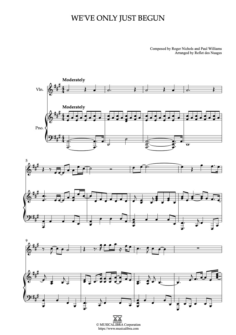 Partitura de Carpenters We've Only Just Begun arreglada para dueto de violín y piano