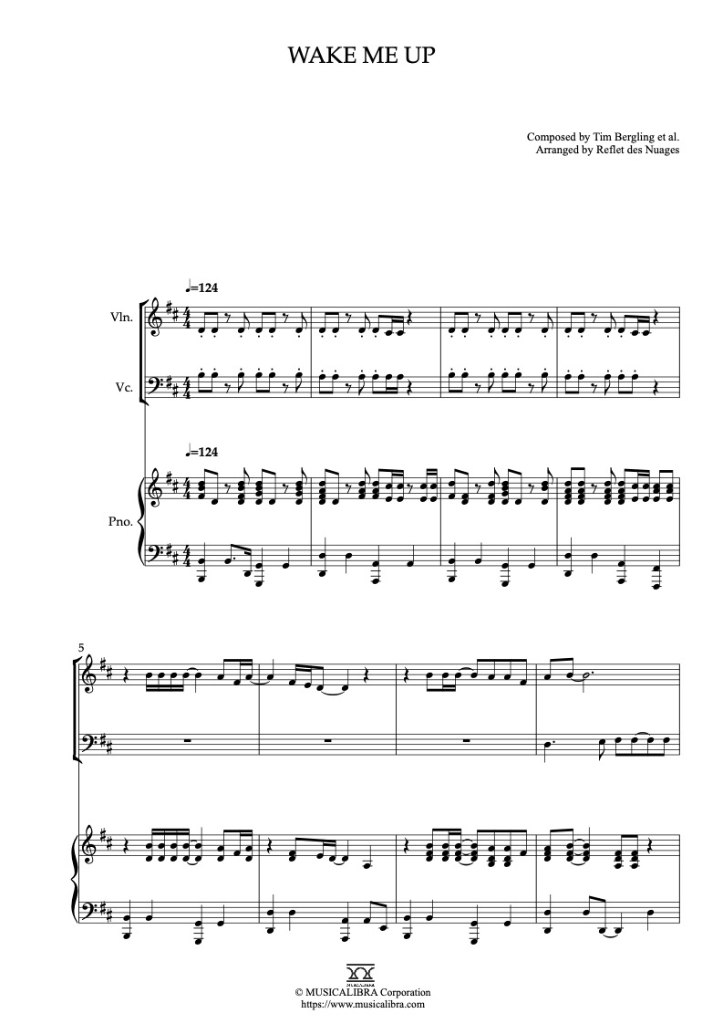 Sheet music of Wake Me Up(Avicii) arranged for violin, cello and piano trio chamber ensemble preview page 1