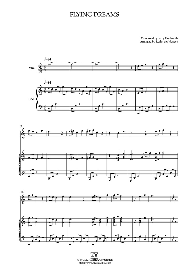 Partitura de The Secret of NIMH Flying Dreams arreglada para dueto de violín y piano