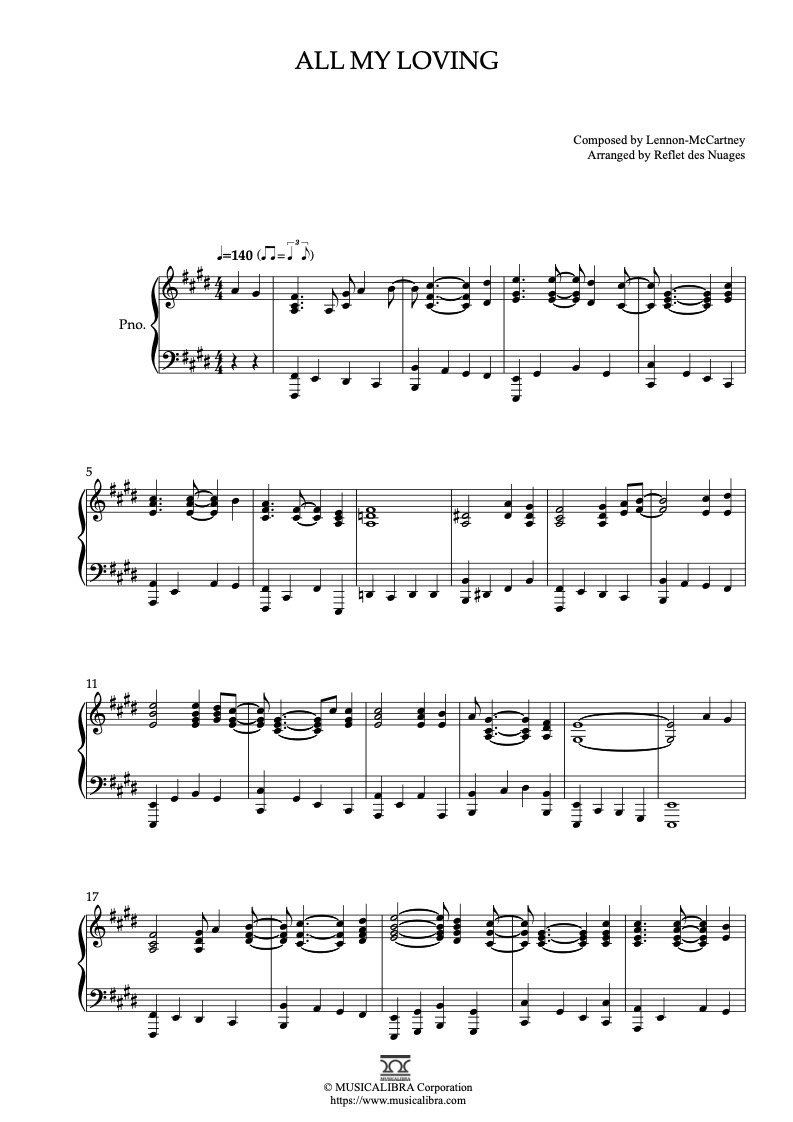 Sheet music of The Beatles All My Loving arranged for piano solo preview page 1