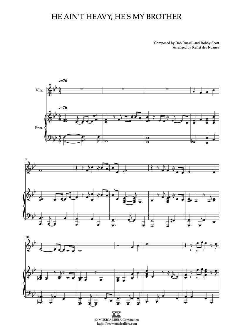 Partitura de The Hollies He Ain't Heavy, He's My Brother arreglada para dueto de violín y piano
