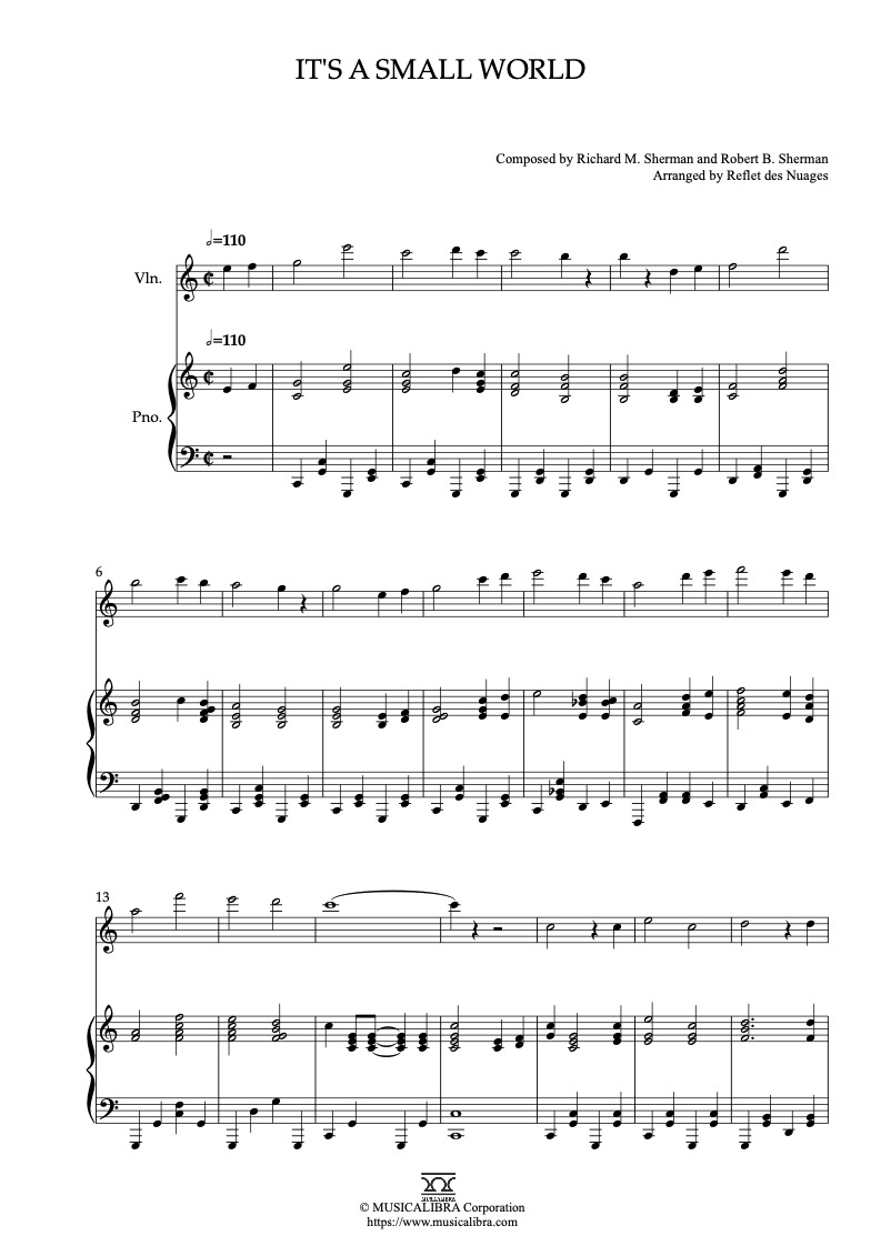 Partitura de It's a Small World arreglada para dueto de violín y piano
