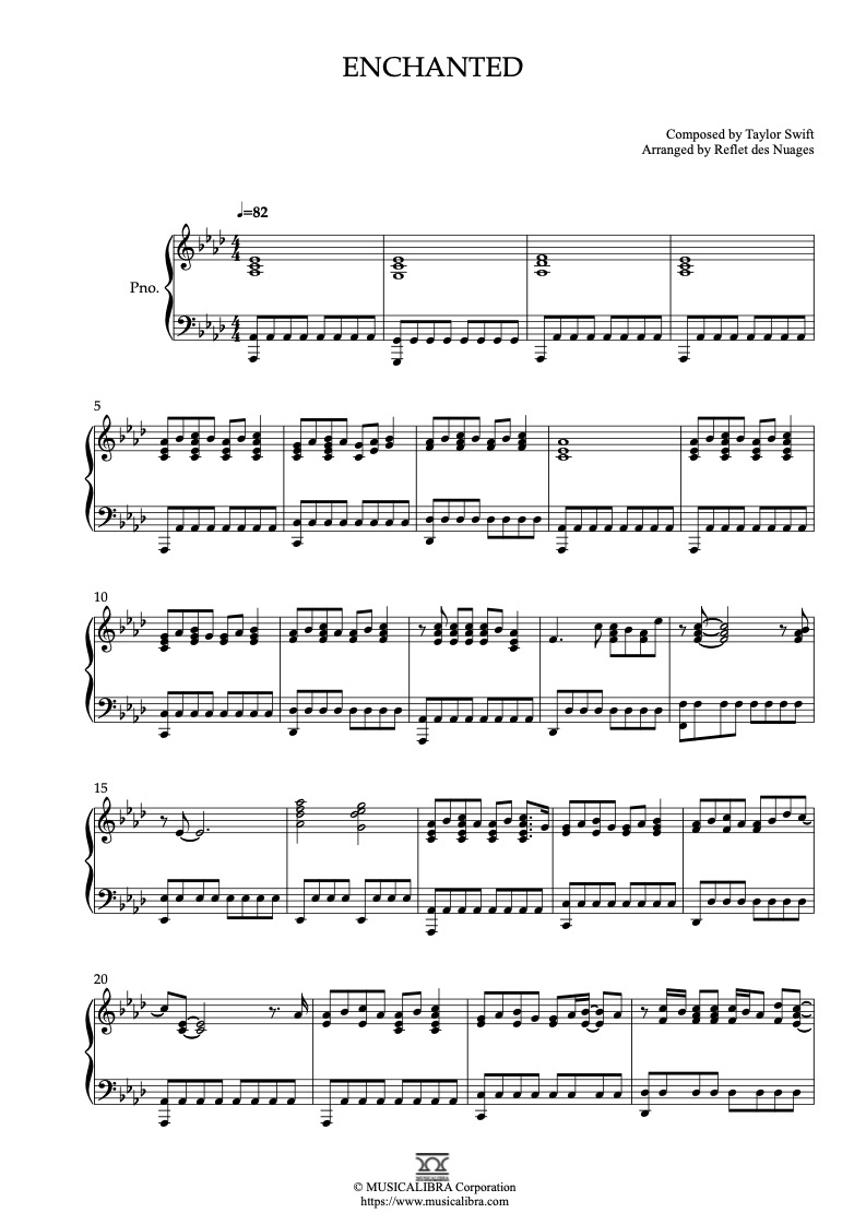 Partitura de Taylor Swift Enchanted arreglada para piano solo