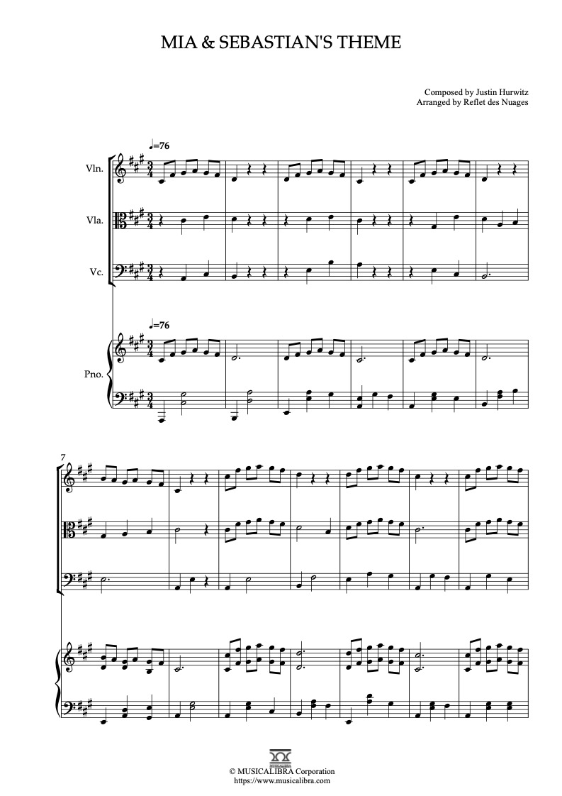 Partitura de La La Land Mia and Sebastian's Theme arreglada para cuarteto de violín, viola, violonchelo y piano