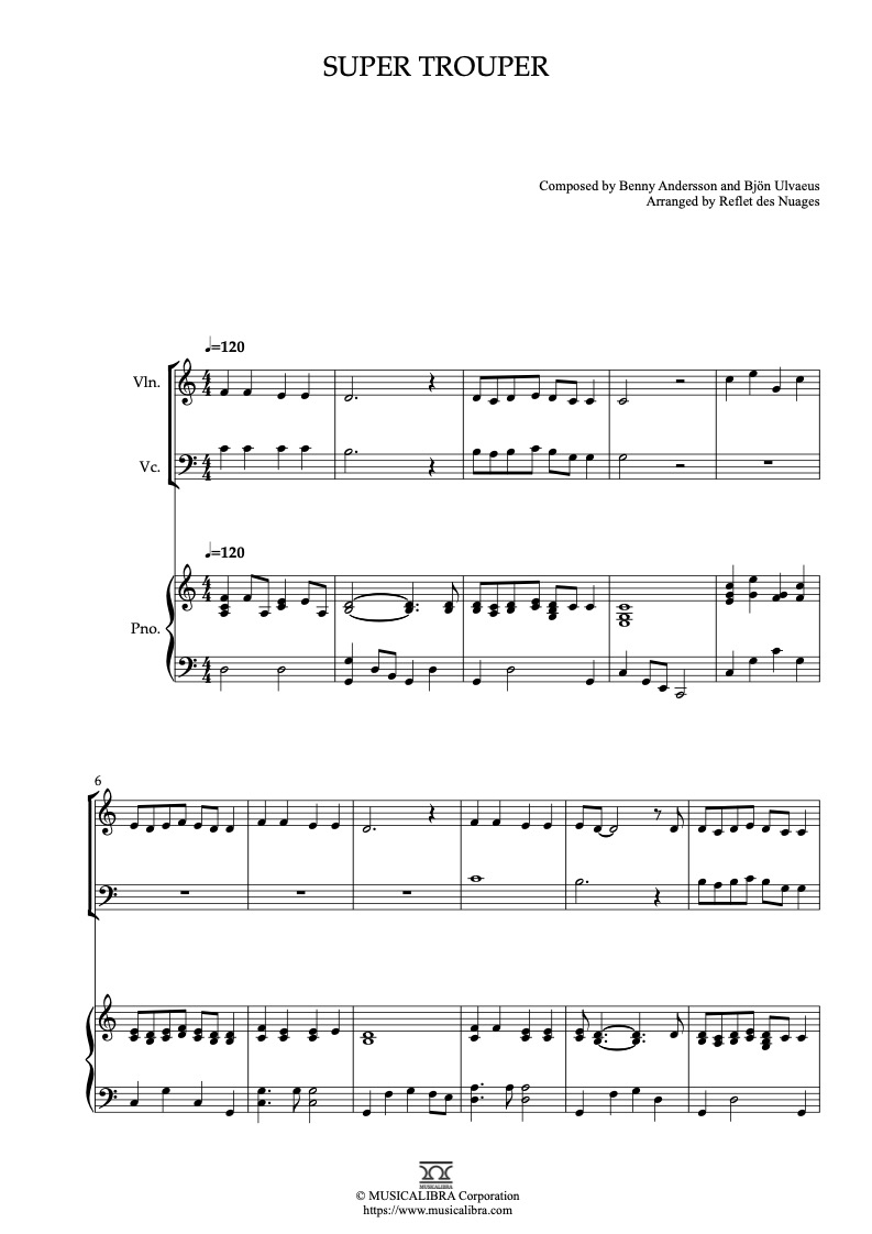 Sheet music of ABBA Super Trouper arranged for violin, cello and piano trio chamber ensemble preview page 1