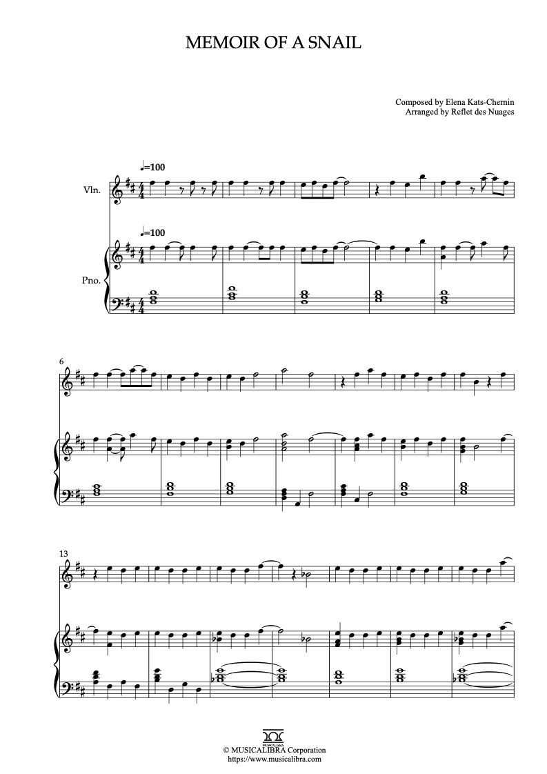 Memoir of a Snail 二重奏 乐谱 - 小提琴, 钢琴