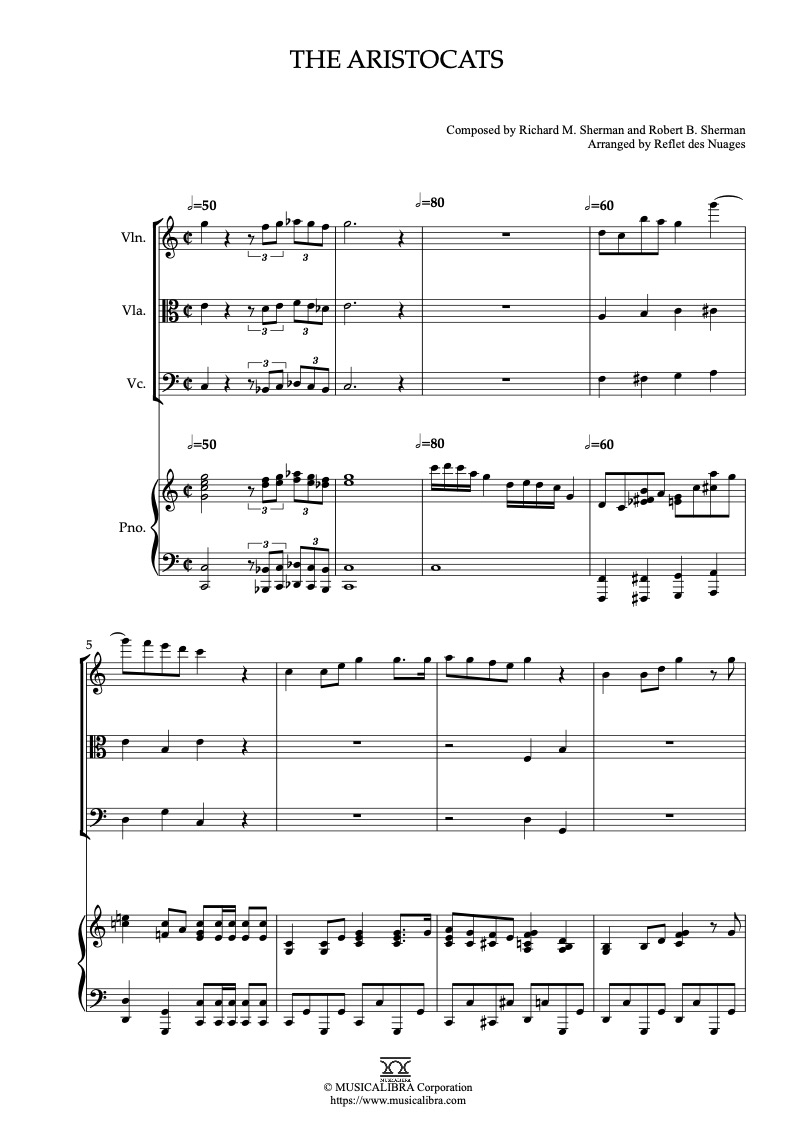 The Aristocats 四重奏 乐谱 - 小提琴, 中提琴, 大提琴, 钢琴
