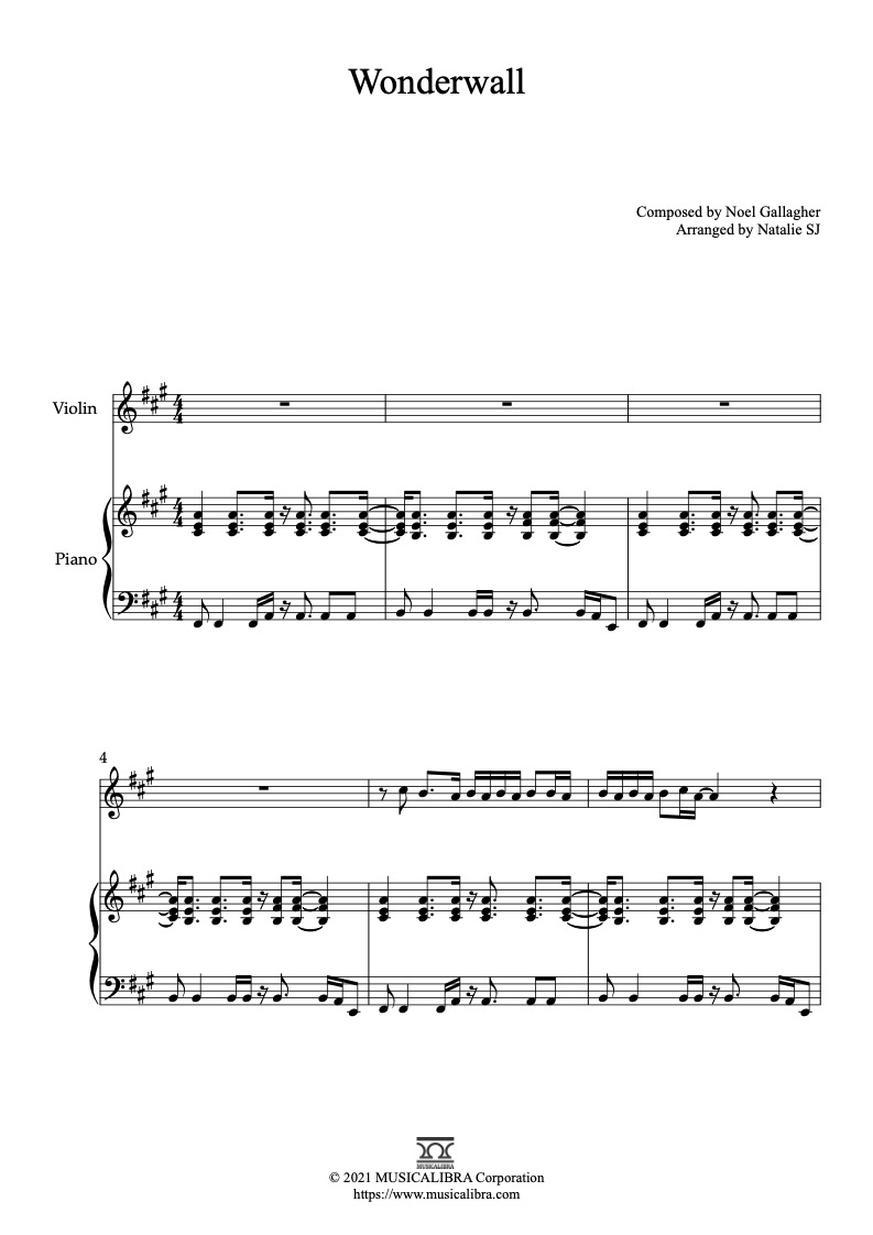 Sheet music of Oasis Wonderwall arranged for violin and piano duet chamber ensemble preview page 1