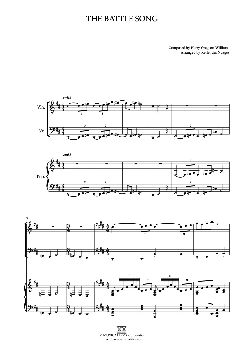 Sheet music of The Chronicles of Narnia Themes The Battle Song arranged for violin, cello and piano trio chamber ensemble preview page 1