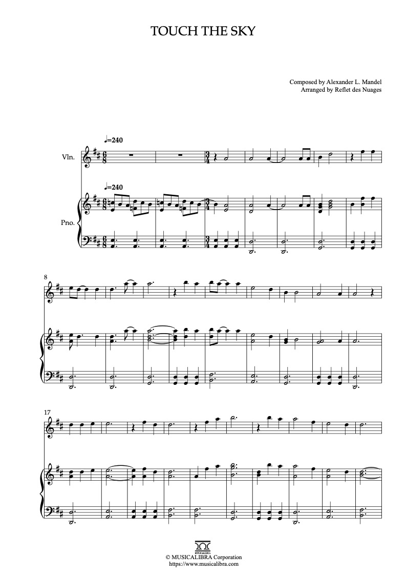 Brave Touch the Sky 二重奏 乐谱 - 小提琴, 钢琴