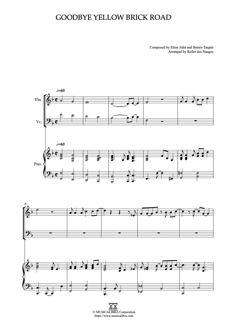 Partitura de Elton John Goodbye Yellow Brick Road arreglada para trío de violín, violonchelo y piano